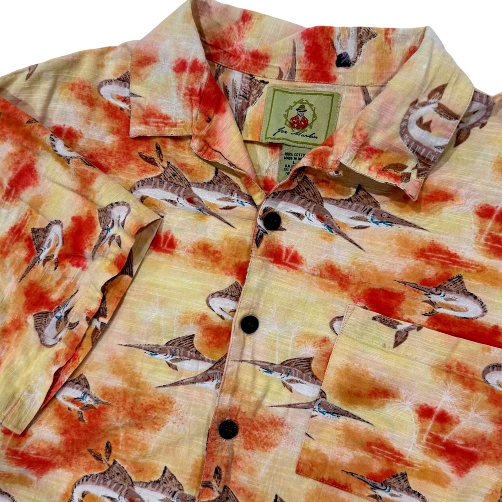 Joe Marlin‎ Mens L Fishing Sailfish Palm Tree Hawaiian Shirt Orange Yellow